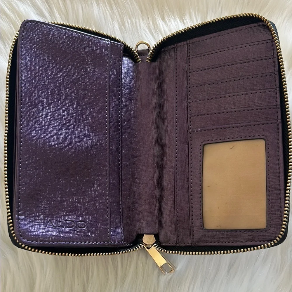 ALDO Purple Shimmer Wallet with Gold Hardware and Bow Detail